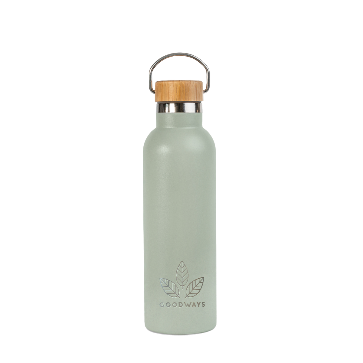 Termolahev GoodFlask Thermo 750 ml v barvě Mint, nerezová láhev s bambusovým víčkem a kovovým poutkem.