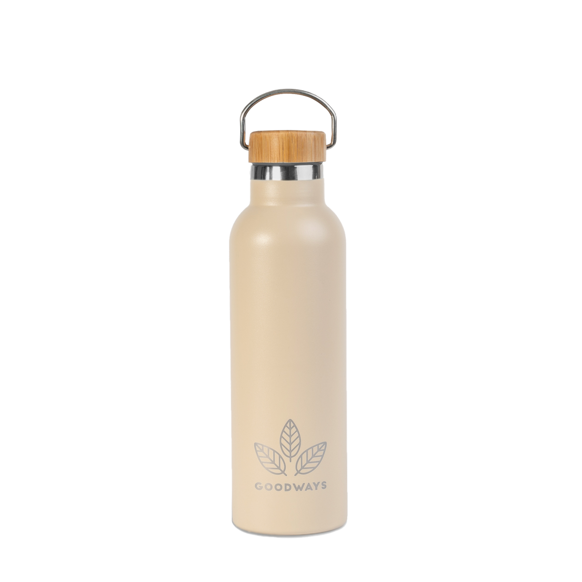 Termolahev GoodFlask Thermo 750 ml v pískové barvě Sand, nerezová láhev s bambusovým víčkem a kovovým poutkem.